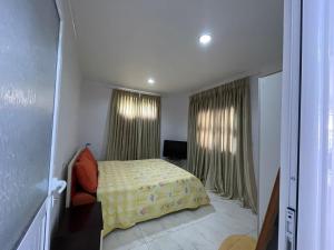 ein Schlafzimmer mit einem Bett und zwei Fenstern mit Vorhängen in der Unterkunft Isufi House in Delvinë