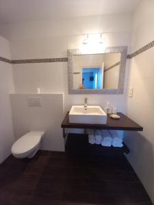 y baño con lavabo, aseo y espejo. en Hotel Arocena, en Saint-Pée-sur-Nivelle