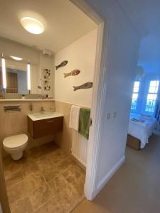 a bathroom with a toilet and a sink and a mirror at Central St Andrews 2 bed apartment in St Andrews