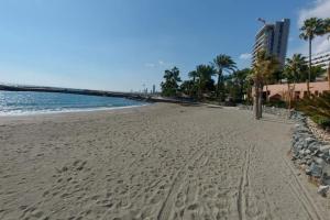 a sandy beach with palm trees and a pier at Peaceful Beach Location in Limassol