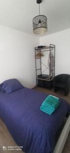 ein Schlafzimmer mit einem Bett mit einer lila Decke in der Unterkunft Appartement de standing : 2 chambres in Raismes