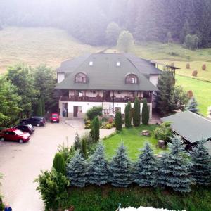 una vista aerea di una casa con auto parcheggiate in un vialetto di Conacul Domnitei a Gura Humorului