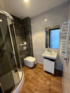 een badkamer met een wastafel, een toilet en een douche bij Sunset Beach in Sarbinowo