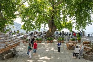 a group of people walking around a patio with a tree at Ινω Superior Suite 1856 Makrinitsa Pelion in Makrinitsa