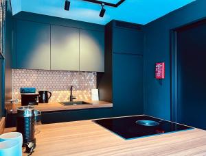 a kitchen with blue cabinets and a counter top at Garden Street Lommel - The Green Haven in Lommel