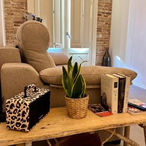 - une table basse avec un livre et une plante dans l'établissement Antiquari de Blanes Apartamento rústico modernizado en la Costa Brava, à Blanes