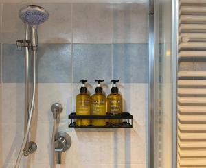 a shelf in a shower with four bottles of liquid at Bouganville in Rosignano Marittimo