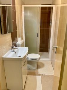 a bathroom with a toilet and a sink and a shower at Guest House Donatela in Valun