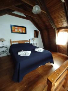 een slaapkamer met een blauw bed met 2 witte kussens bij La cumbrecita village in La Cumbrecita