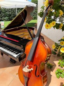 a violin sitting next to a piano at HOTEL Al FARO , SPIAGGIA LA CINTA ,SAN TEODORO in San Teodoro