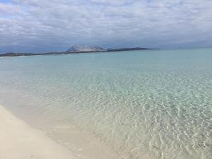 a view of the beach with a mountain in the background at HOTEL Al FARO , SPIAGGIA LA CINTA ,SAN TEODORO in San Teodoro
