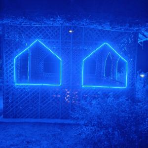 Shivpuri的住宿－Ratan Homestay，一间有两盏蓝色灯光的黑暗客房