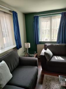sala de estar con 2 sofás y cortinas azules en Comfortable Two Bedroom Modern Apartment en Londres