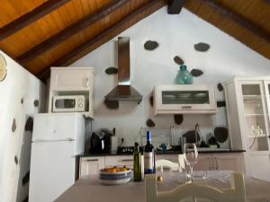 La cuisine est équipée d'un réfrigérateur blanc et d'un four micro-ondes. dans l'établissement La casa vieja de la Montaña, à Santa Lucía