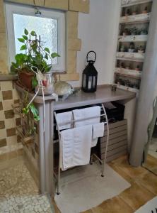 cocina con escritorio con plantas y ventana en Chambre L'Orchidée en Vallon-Pont-dʼArc