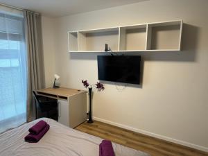 um quarto com uma cama, uma secretária e uma televisão em Violet Apartment em Brno