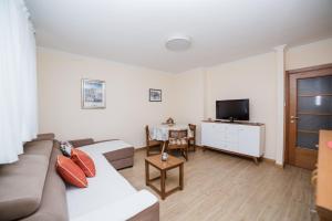 a living room with a couch and a television at Pizana Budva Central in Budva