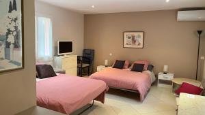 Habitación con 2 camas con sábanas rosas y TV. en Studio indépendant calme pas loin du centre en Nimes