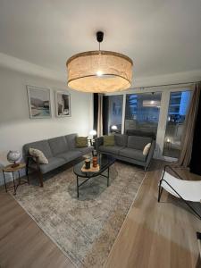 - un salon avec un canapé et un lustre dans l'établissement Grand appartement lumineux au cœur de Thonon, à Thonon-les-Bains