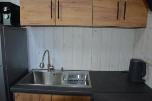 a kitchen with a stainless steel sink and wooden cabinets at Bukovets' in Yaremche