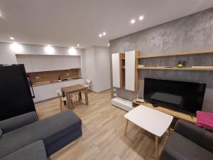 a living room with a couch and a tv at Gjoni's Apartment Kune Shengjin in Lezhë