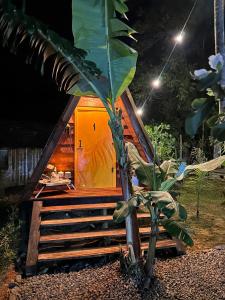 a small house with a palm tree in front of it at Glamping casal - mini chale mobiliado com colchão casal roupa de cama travesseiros - Rancho Perene estação rural in Jaraguá do Sul