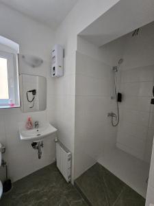 a bathroom with a shower and a sink at SFN Home Stay in Bergisch Gladbach