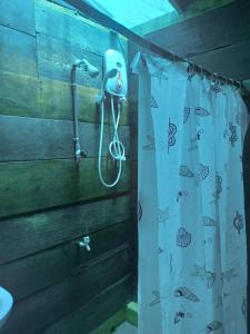 einem Duschvorhang mit einem an der Wand hängenden Fön in der Unterkunft Silaa Cabana in Trincomalee