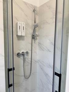a shower with a glass door and a shower head at Venice mestre sweet home in Marghera