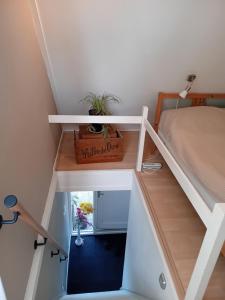a small bedroom with a bed and a desk with a plant at Ruim huisje op een prachtige plek in Hemrik