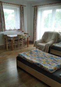een woonkamer met een bed, een bank en een tafel bij Ubytování v soukromí - Vila Eliška in Světlá nad Sázavou