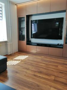 sala de estar con TV de pantalla plana grande en Apartament Mazowiecka, en Szczecin