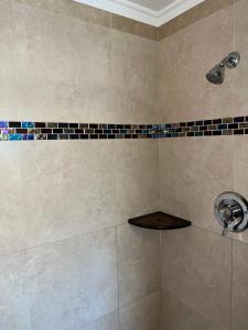 y baño con ducha y pared de azulejos. en Tip Top Motel, en Lihue