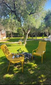 dos sillas amarillas sentadas en el césped en un patio en Giardino Don Berardino, en Mattinata