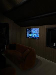a living room with a couch and a flat screen tv at Jacuzzi, utekjøkken og sjøutsikt i hel hytte ved sjøen in Hitra