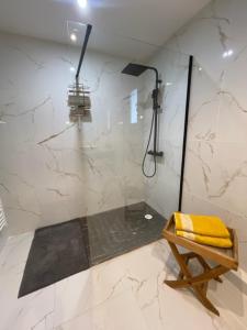 a bathroom with a shower with a yellow towel at Le Val d'escure in Saint-Raphaël +20 photos