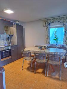 a kitchen with a table and chairs in a kitchen at Vila Marina in Kovin