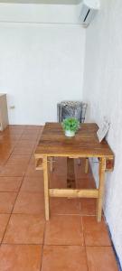 een houten tafel met een potplant erop bij Estudios Del Mar km42 in Raulis