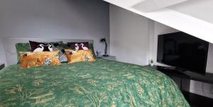 a bedroom with a green bed with a television at The Penthouse NY Loft Apartment in Barmouth