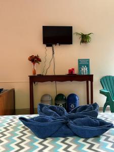 um cobertor azul numa cama com uma televisão em Villa Castillo de Ensueño em Concepción de Ataco