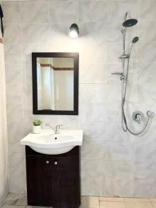 uma casa de banho com um lavatório e um chuveiro com um espelho. em Amazing sea view em Qiryat Yam