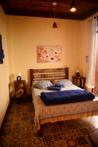 a bedroom with a bed with blue pillows on it at Pousada Residência Balestra in Tiradentes
