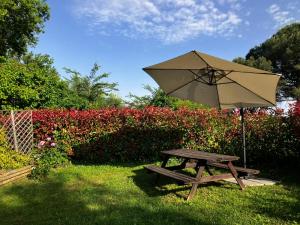 a picnic table with an umbrella in the grass at La casina nel Borgo in Cetona