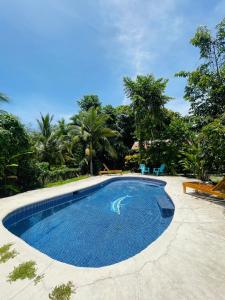 una piscina vacía con 2 sillas y árboles en Cabinas Yamann en Puerto Manzanillo