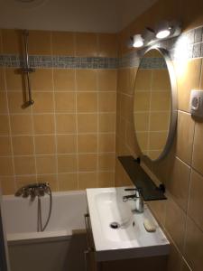ein Badezimmer mit Waschbecken, Spiegel und Badewanne in der Unterkunft Proche du Château de Versaillles une Chambre avec Jardin in Versailles