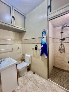 La salle de bains est pourvue de toilettes, d'un lavabo et d'une douche. dans l'établissement M'a Raffiné appartement 2, à Casablanca