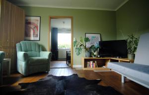 ein Wohnzimmer mit einem Bett, einem Stuhl und einem TV in der Unterkunft „Grüne Höhle“ in Schwerin in Schwerin