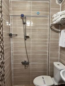 a bathroom with a shower with a toilet at Maça Home in Edirne +38 photos