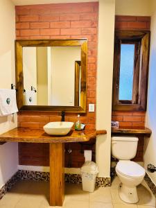 a bathroom with a sink and a toilet and a mirror at La Casa de Cecilia Mindo in Mindo