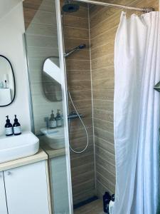 a bathroom with a shower and a sink at Villa Lejlighed tæt på Strand og Tæt på City med Tog og bil in Brøndby Strand